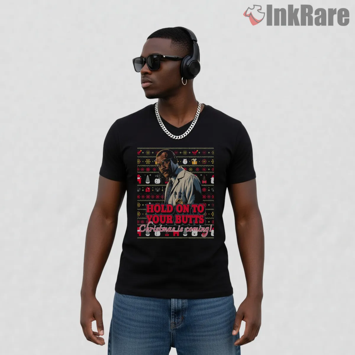 Jurassic Park Samuel Jackson Holiday Sweater Quote V Neck Black Jurassic Park Samuel Jackson Holiday Sweater Quote Shirt on black v-neck shirt for men graphic tee