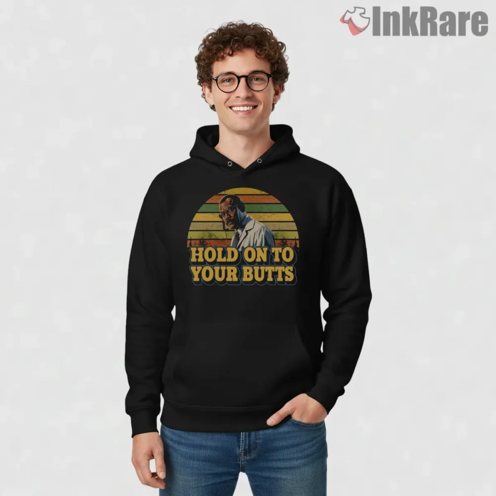Jurassic Park Samuel Jackson Retro Sunset Hold On Quote Shirt on black hoodie for men graphic tee