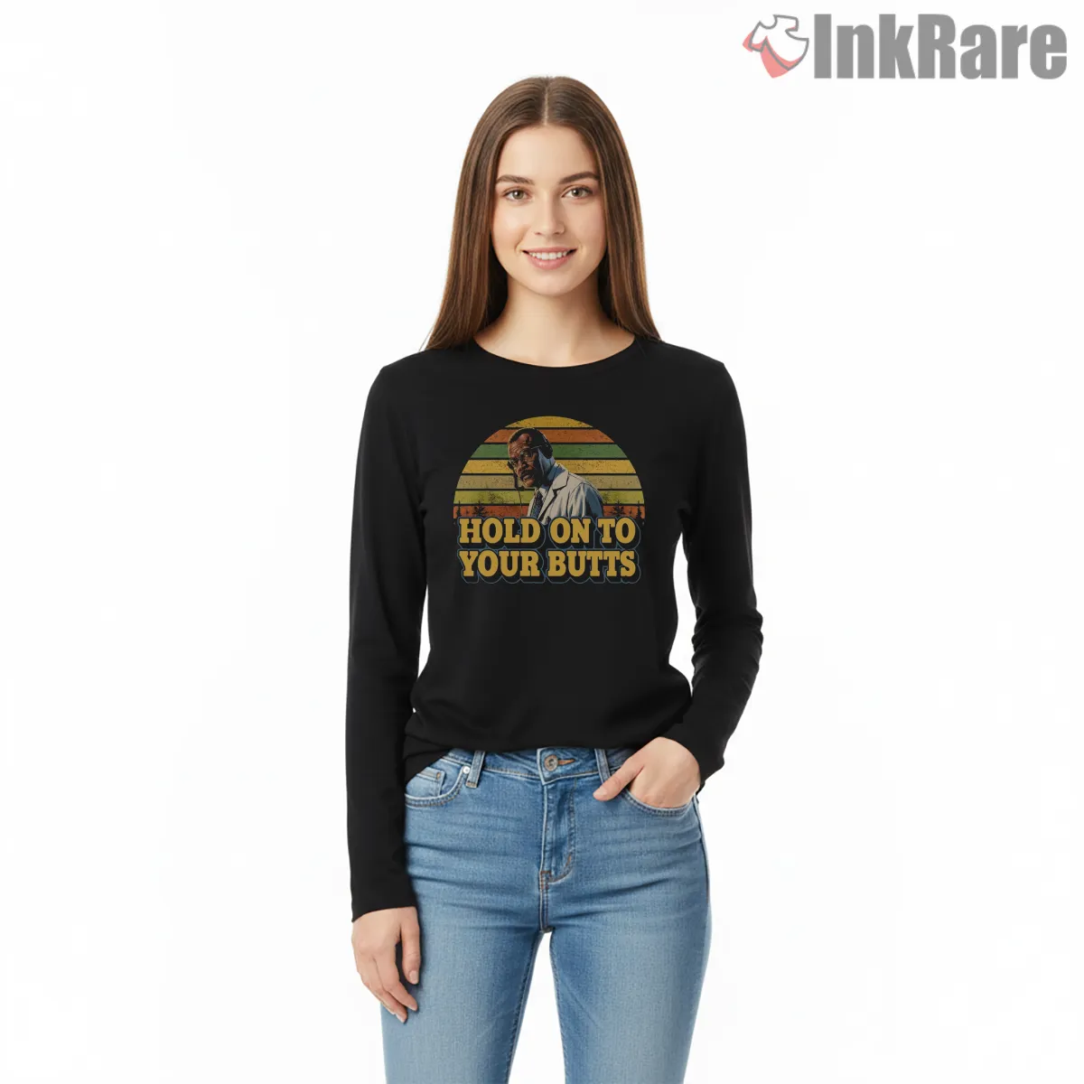 Jurassic Park Samuel Jackson Retro Sunset Hold On Quote Long Sleeve Black Jurassic Park Samuel Jackson Retro Sunset Hold On Quote Shirt on black long sleeve shirt for women graphic tee