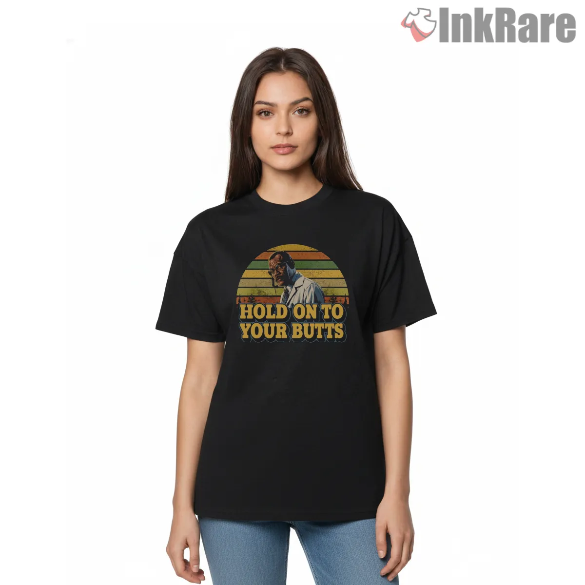 Jurassic Park Samuel Jackson Retro Sunset Hold On Quote Short Sleeve Black Jurassic Park Samuel Jackson Retro Sunset Hold On Quote Shirt on black short sleeve shirt for women graphic tee