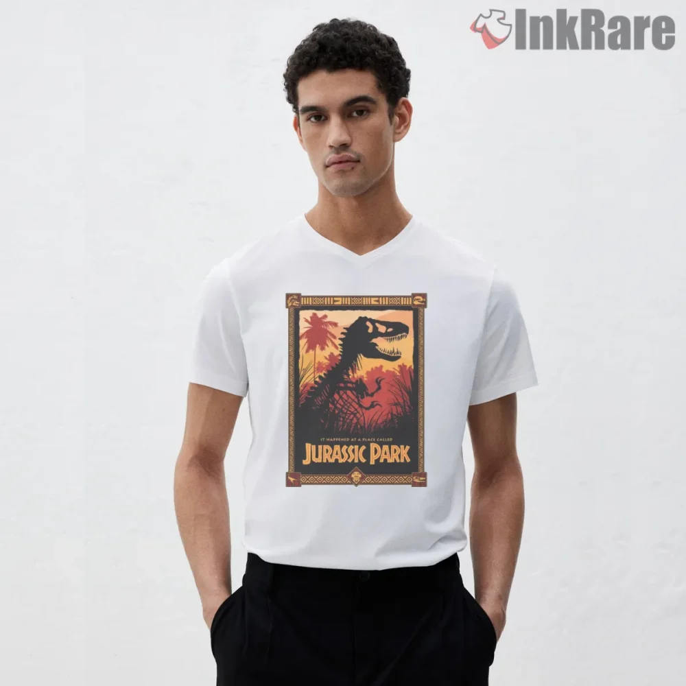 Jurassic Park Sunset Silhouette Story Poster Shirt on white v-neck shirt for men graphic tee