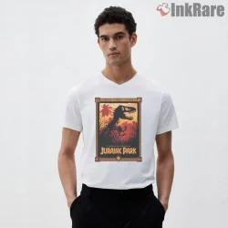 Jurassic Park Sunset Silhouette Story Poster Shirt on white v-neck shirt for men graphic tee