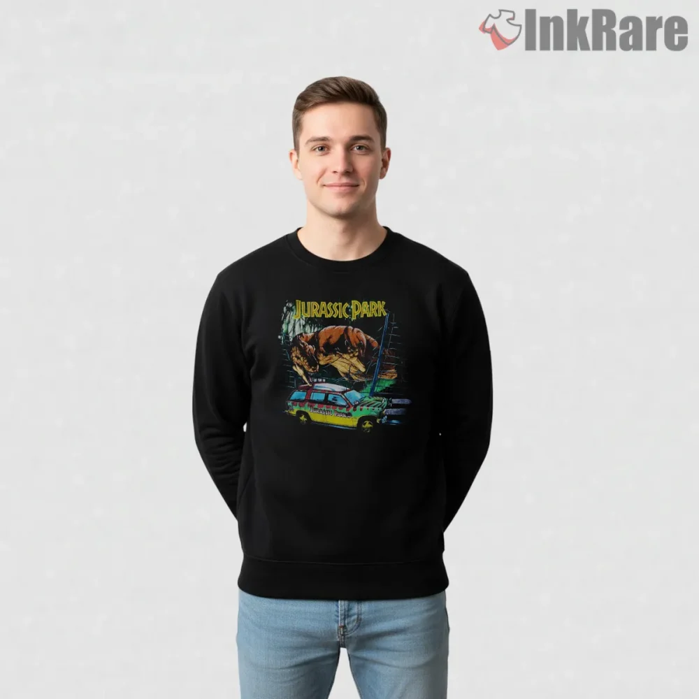 Jurassic Park T Rex Attack Explorer Jeep Night Scene Shirt on graphic shirt for men graphic tee