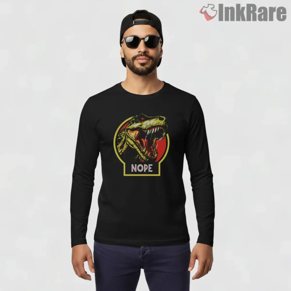 Jurassic Park T Rex Nope Meme Reaction Badge Shirt on black long sleeve shirt for men graphic tee