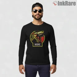 Jurassic Park T Rex Nope Meme Reaction Badge Shirt on black long sleeve shirt for men graphic tee