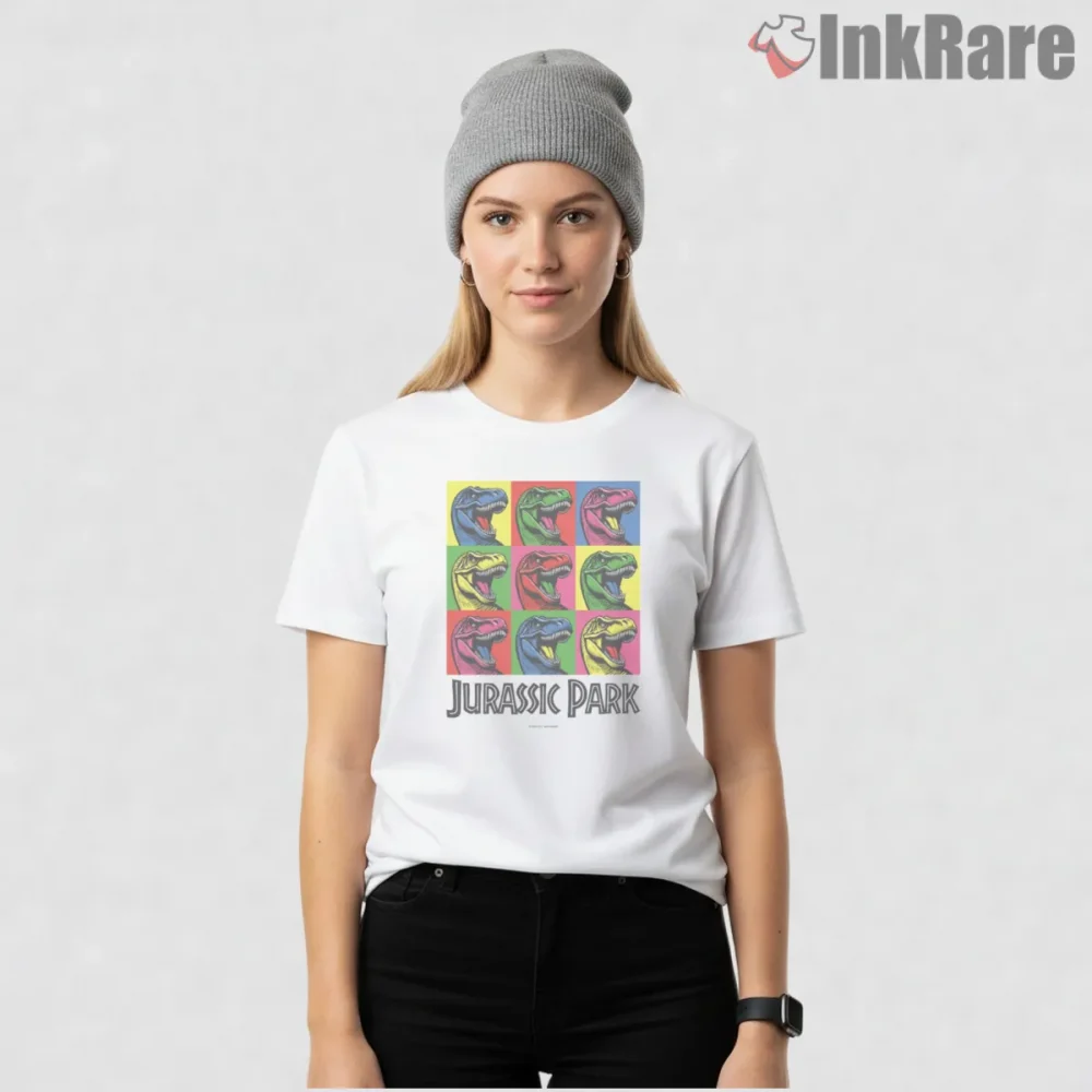 Jurassic Park T Rex Pop Art Grid Color Blocks Shirt on white short sleeve shirt for women graphic tee