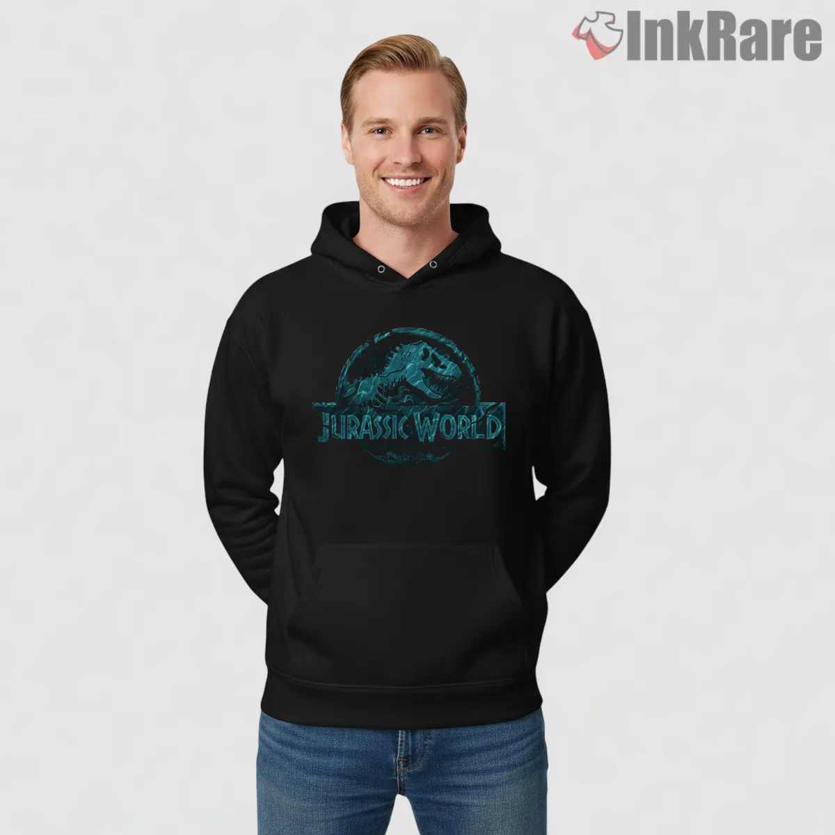 Jurassic World Blue Raptor Emblem Dark Fossil Shirt on black hoodie for men graphic tee