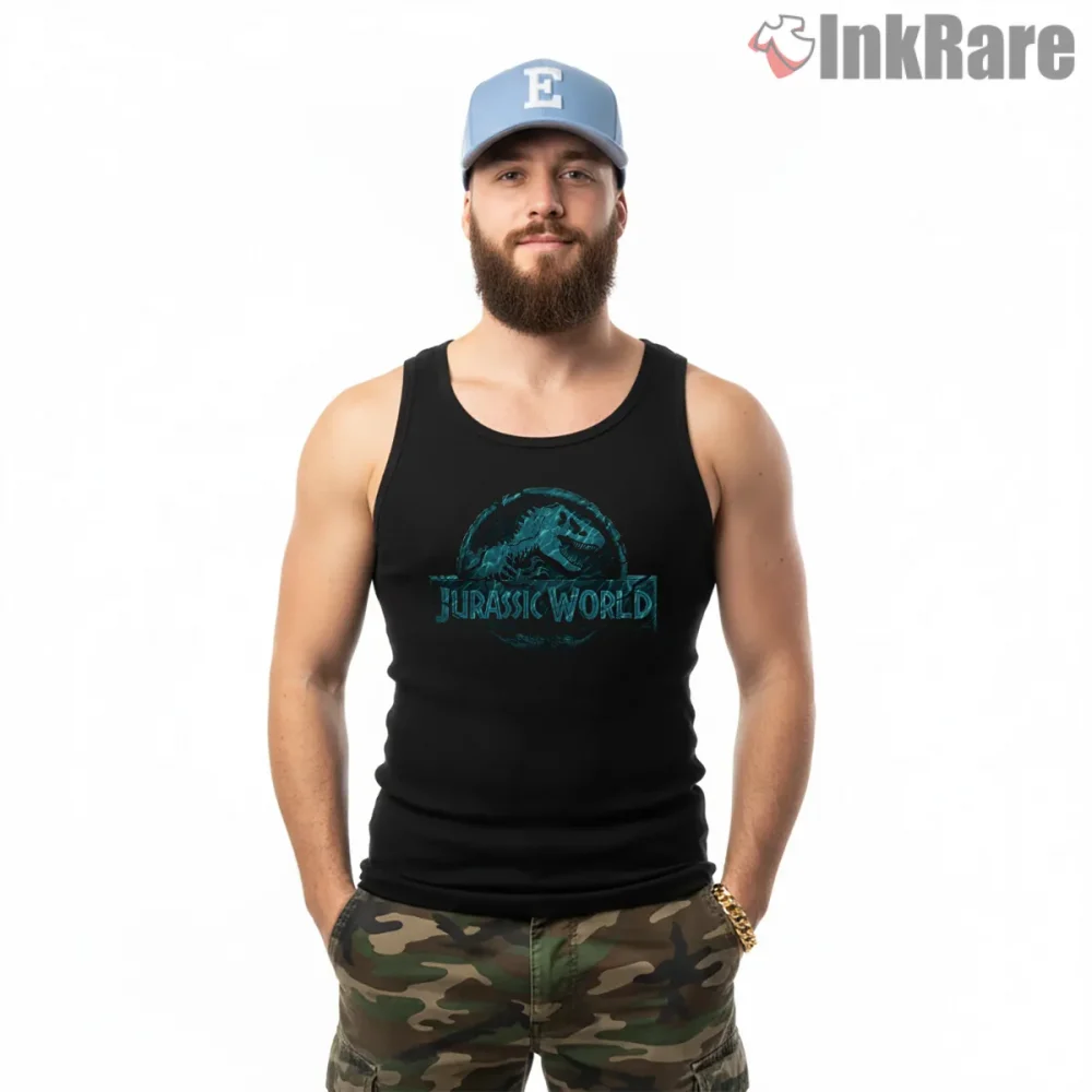 Jurassic World Blue Raptor Emblem Dark Fossil Shirt on black tank top for men graphic tee