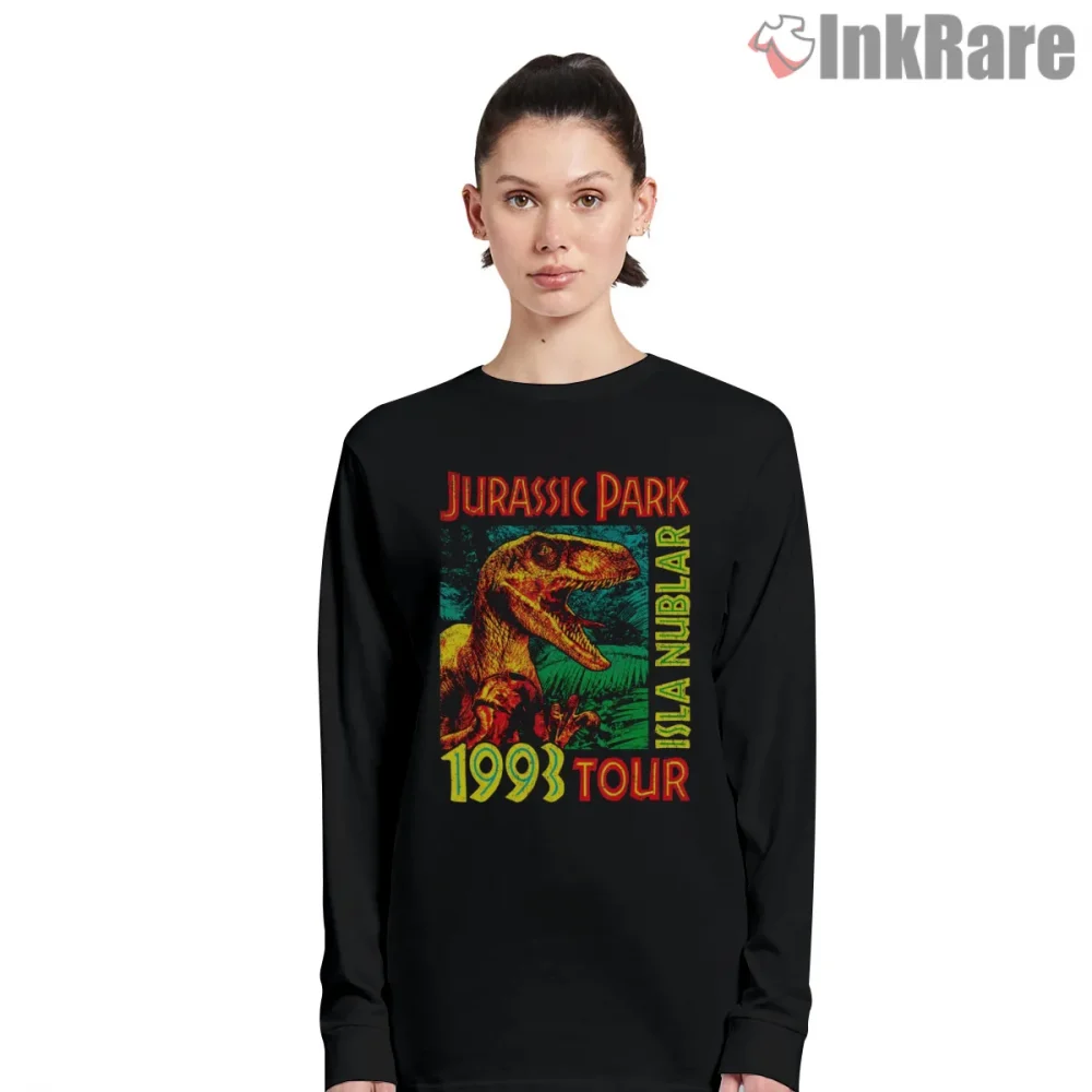 Jurassic World Isla Nublar 1993 Tour Retro Jungle Shirt on black long sleeve shirt for women graphic tee