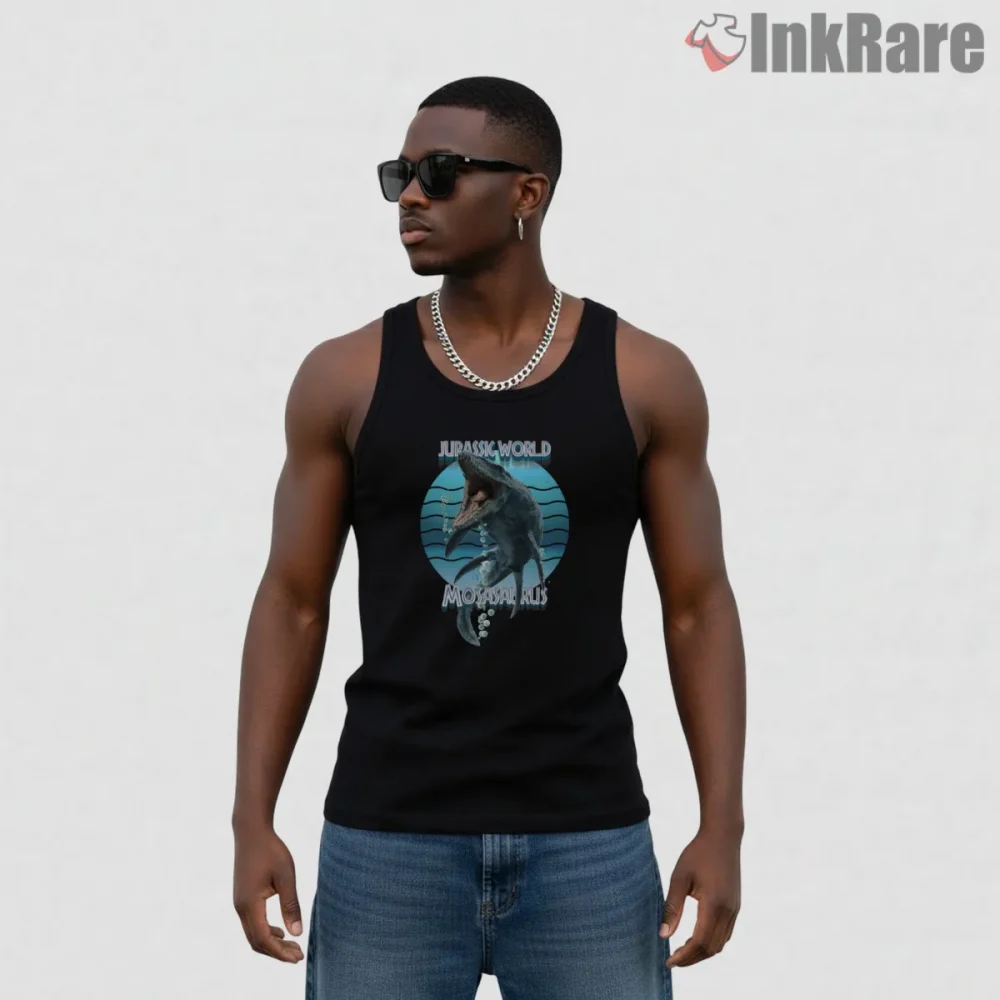 Jurassic World Mosasaurus Ocean Depths Action Shirt on black tank top for men graphic tee