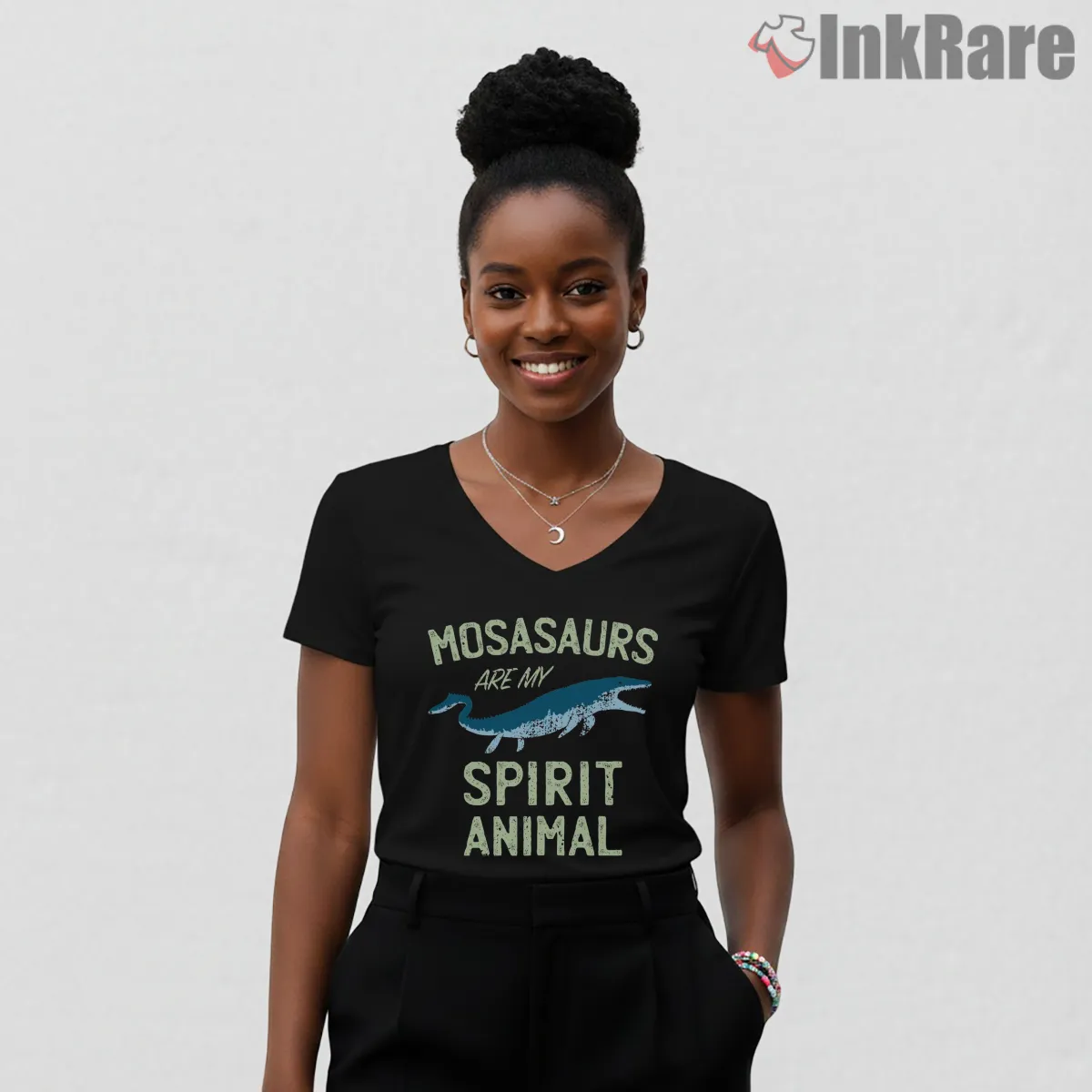 Jurassic World Mosasaurus Spirit Animal Typography V Neck Black Jurassic World Mosasaurus Spirit Animal Typography Shirt on black v-neck shirt for women graphic tee