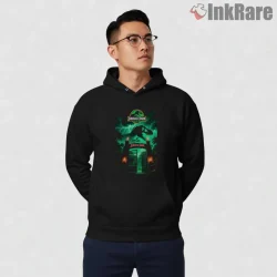 Jurassic World Neon Gate Entrance Night Jungle Shirt on black hoodie for men graphic tee
