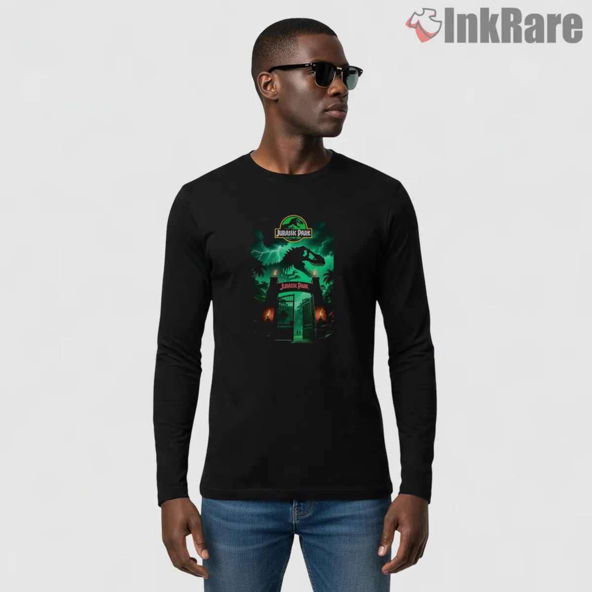 Jurassic World Neon Gate Entrance Night Jungle Shirt on black long sleeve shirt for men graphic tee