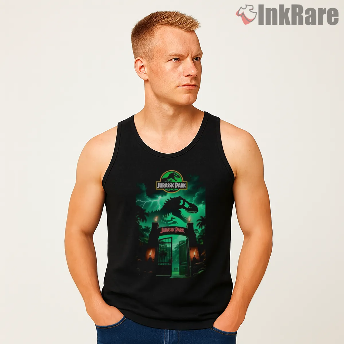 Jurassic World Neon Gate Entrance Night Jungle Tank Top Black Jurassic World Neon Gate Entrance Night Jungle Shirt on black tank top for men graphic tee