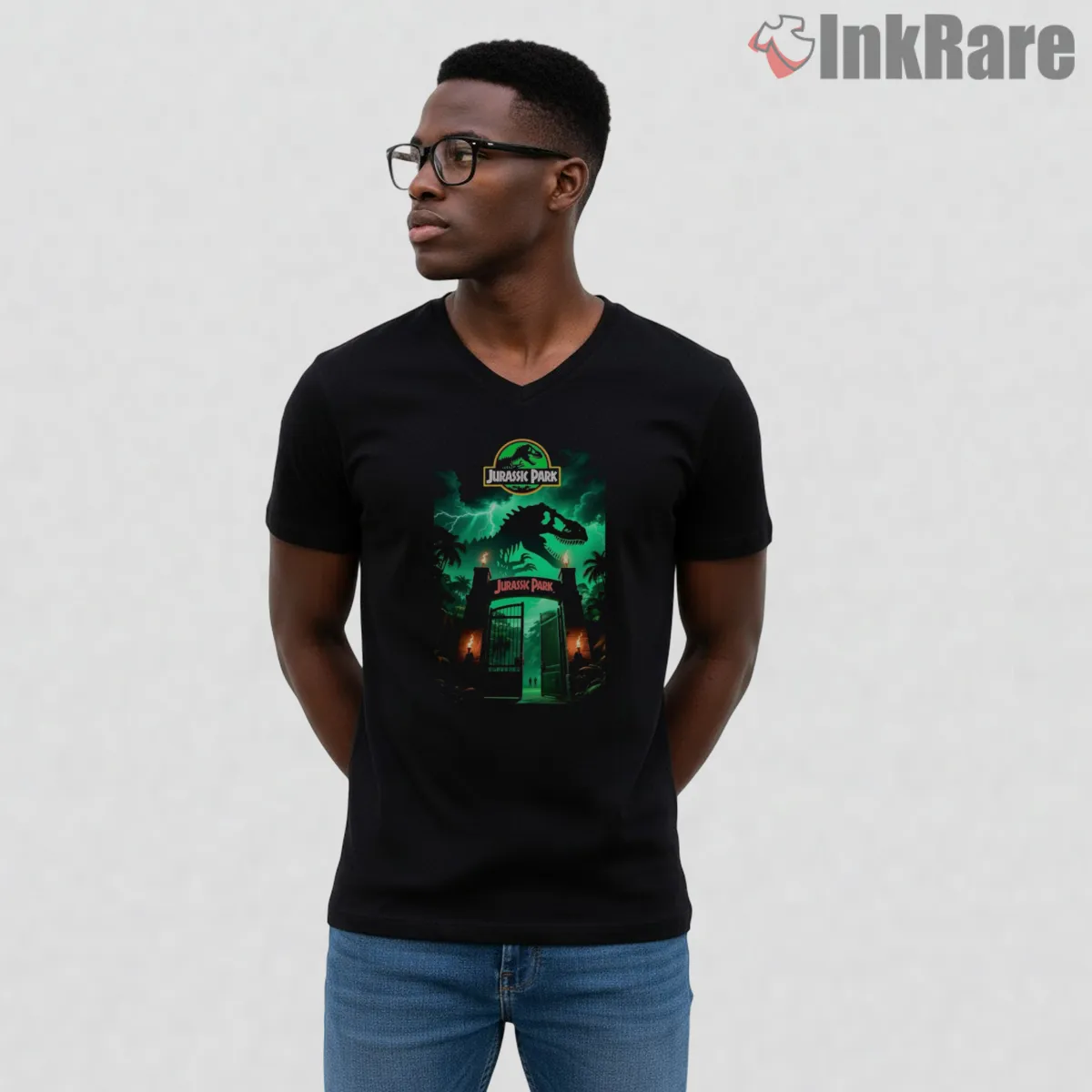 Jurassic World Neon Gate Entrance Night Jungle V Neck Black Jurassic World Neon Gate Entrance Night Jungle Shirt on black v-neck shirt for men graphic tee