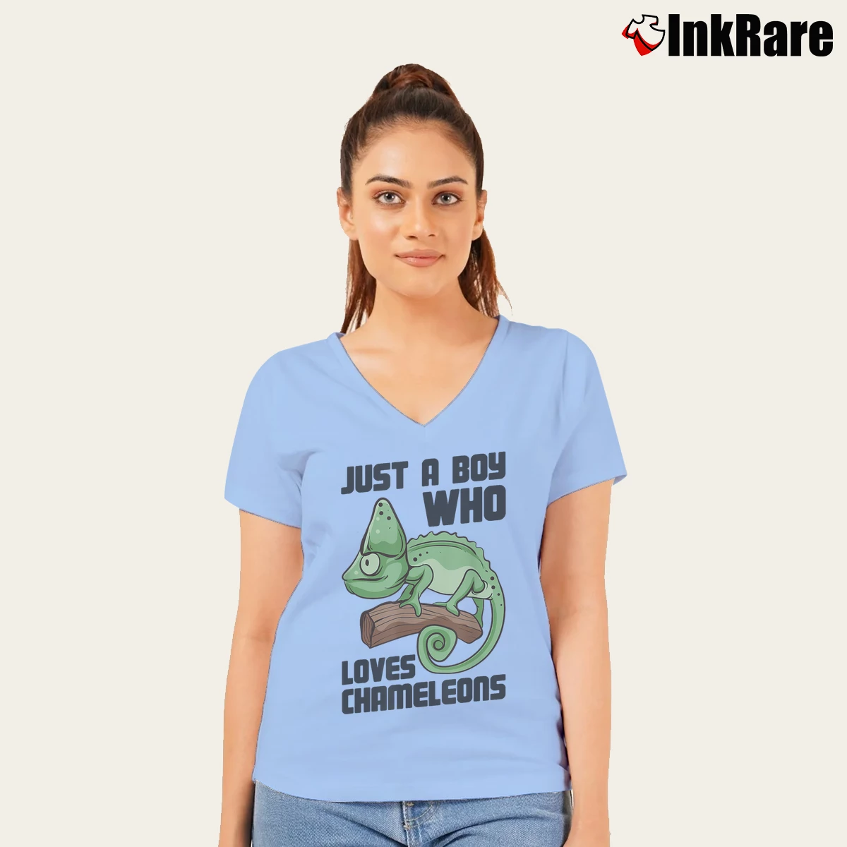 Women’s Just A Boy Who Loves Chameleons V-Neck Tee in light blue | Chic Neckline, Soft Texture