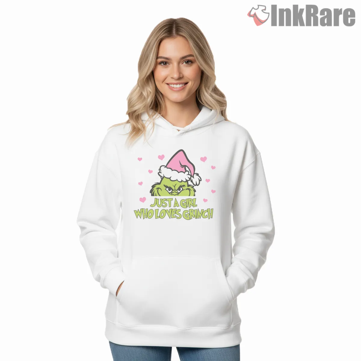 Just A Girl Who Loves Grinch Pink Christmas Shirt on white hoodie for women graphic tee