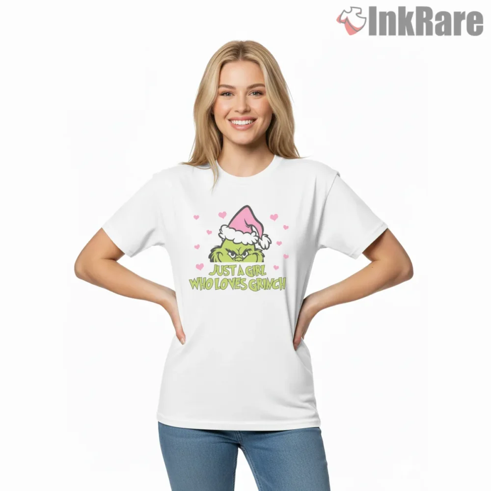 Just A Girl Who Loves Grinch Pink Christmas Shirt on white short sleeve shirt for women graphic tee