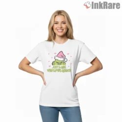 Just A Girl Who Loves Grinch Pink Christmas Shirt on white short sleeve shirt for women graphic tee
