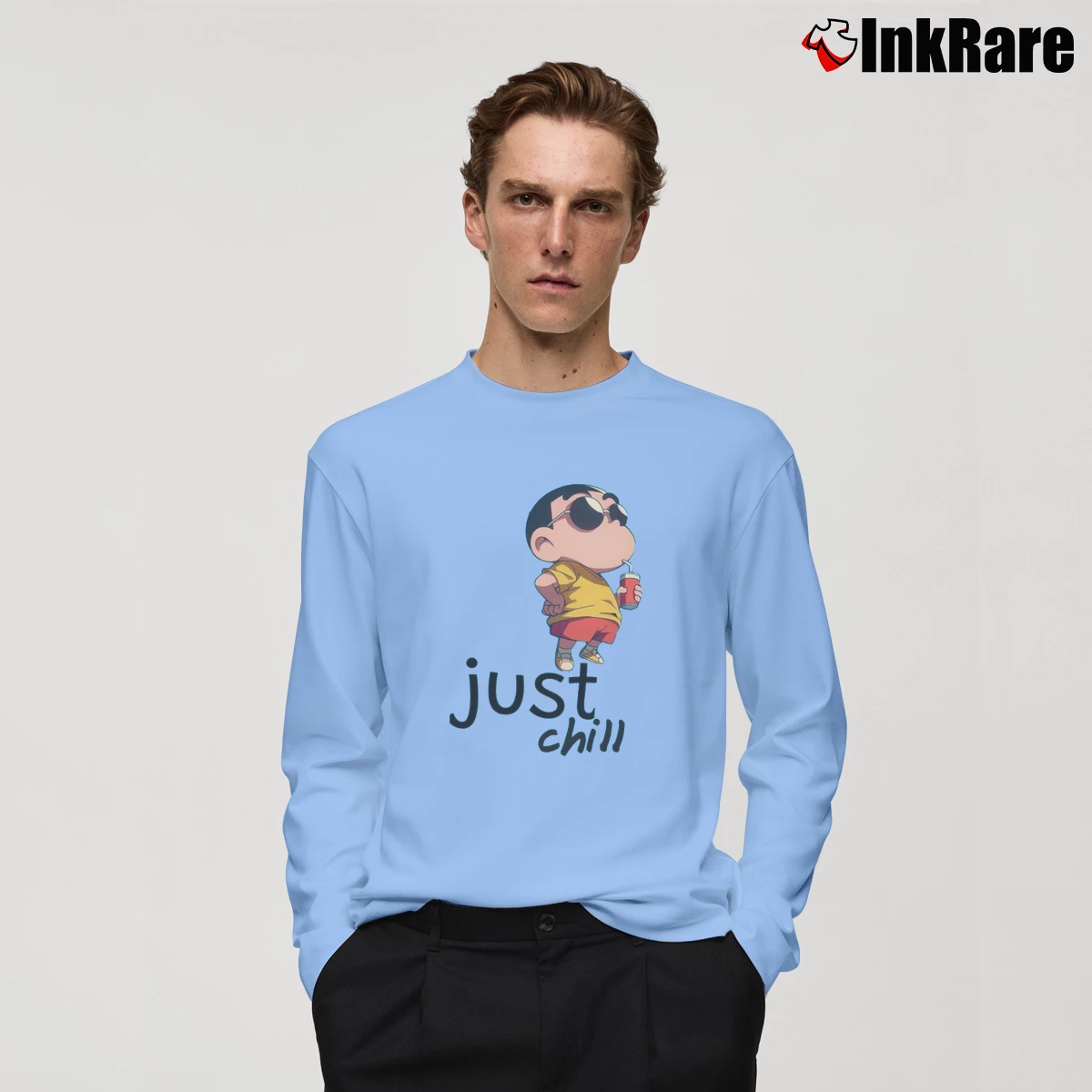 Men’s Just Chill Crayon Shin Chan Long-Sleeve Shirt in light blue | Sleek, Lightweight, Year-Round Wear