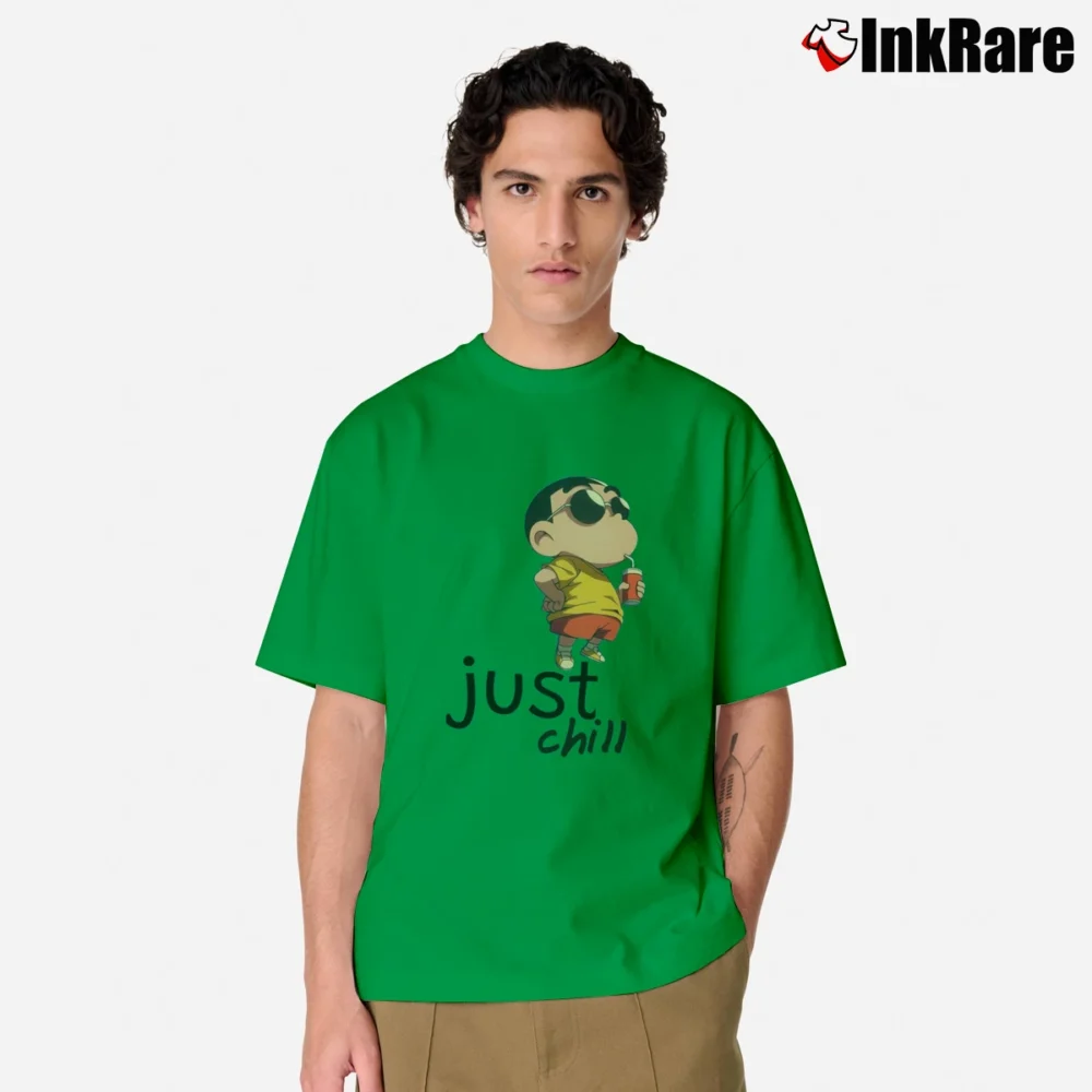 Men’s Just Chill Crayon Shin Chan Classic T-Shirt in irish green | Soft, Breathable Everyday Wear
