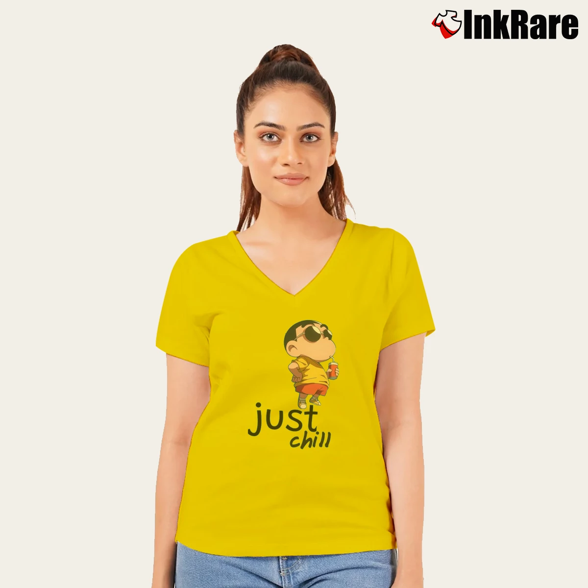 Women’s Just Chill Crayon Shin Chan V-Neck Tee in yellow | Chic Neckline, Soft Texture