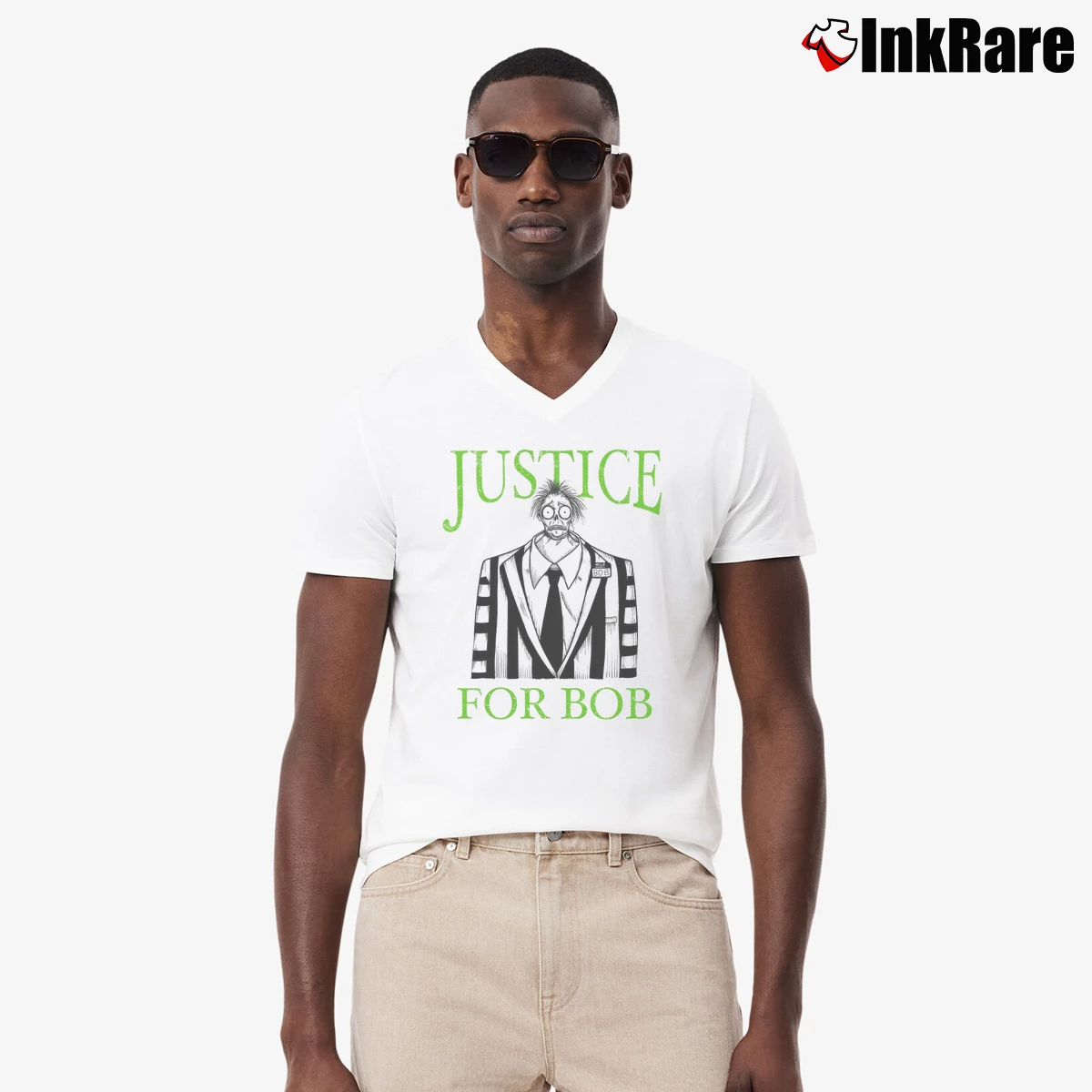 Justice For Bob Beetlejuice Men’s V-Neck Tee in white – Modern Essential Men’s Justice For Bob Beetlejuice V-Neck Tee in white | Sharp, Breathable, Everyday Staple