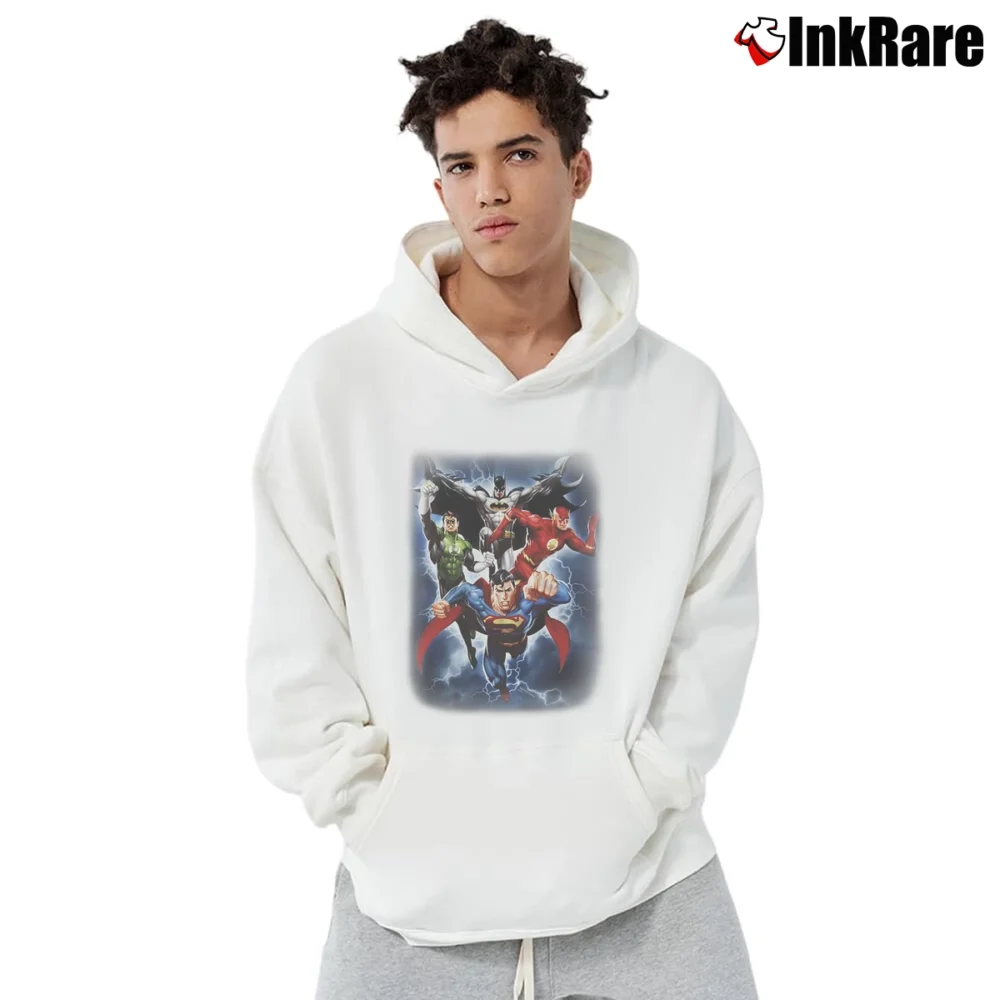 Men’s Justice League Superman Batman Flash Green Lantern Pullover Hoodie in white | Cozy, Durable, Modern Fit