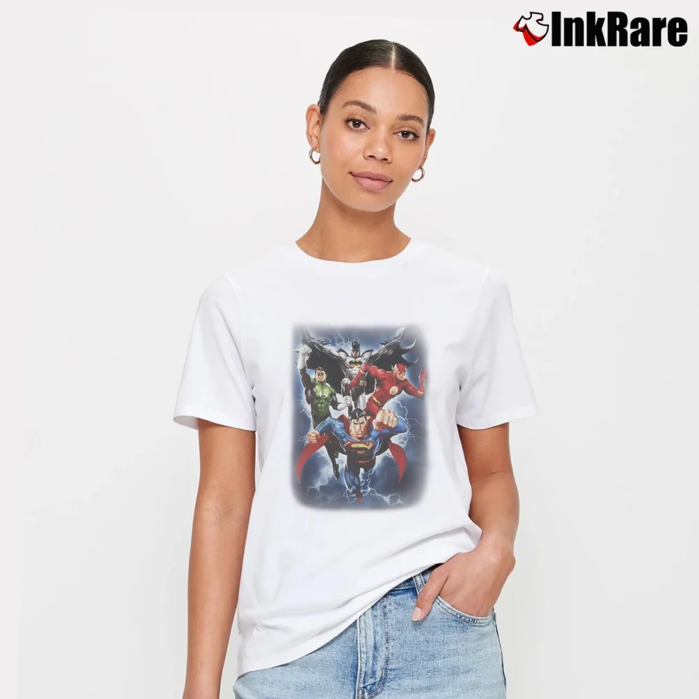Women’s Justice League Superman Batman Flash Green Lantern Signature T-Shirt in white | Soft, Flattering Fit