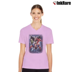 Women’s Justice League Superman Batman Flash Green Lantern V-Neck Tee in light pink | Chic Neckline, Soft Texture