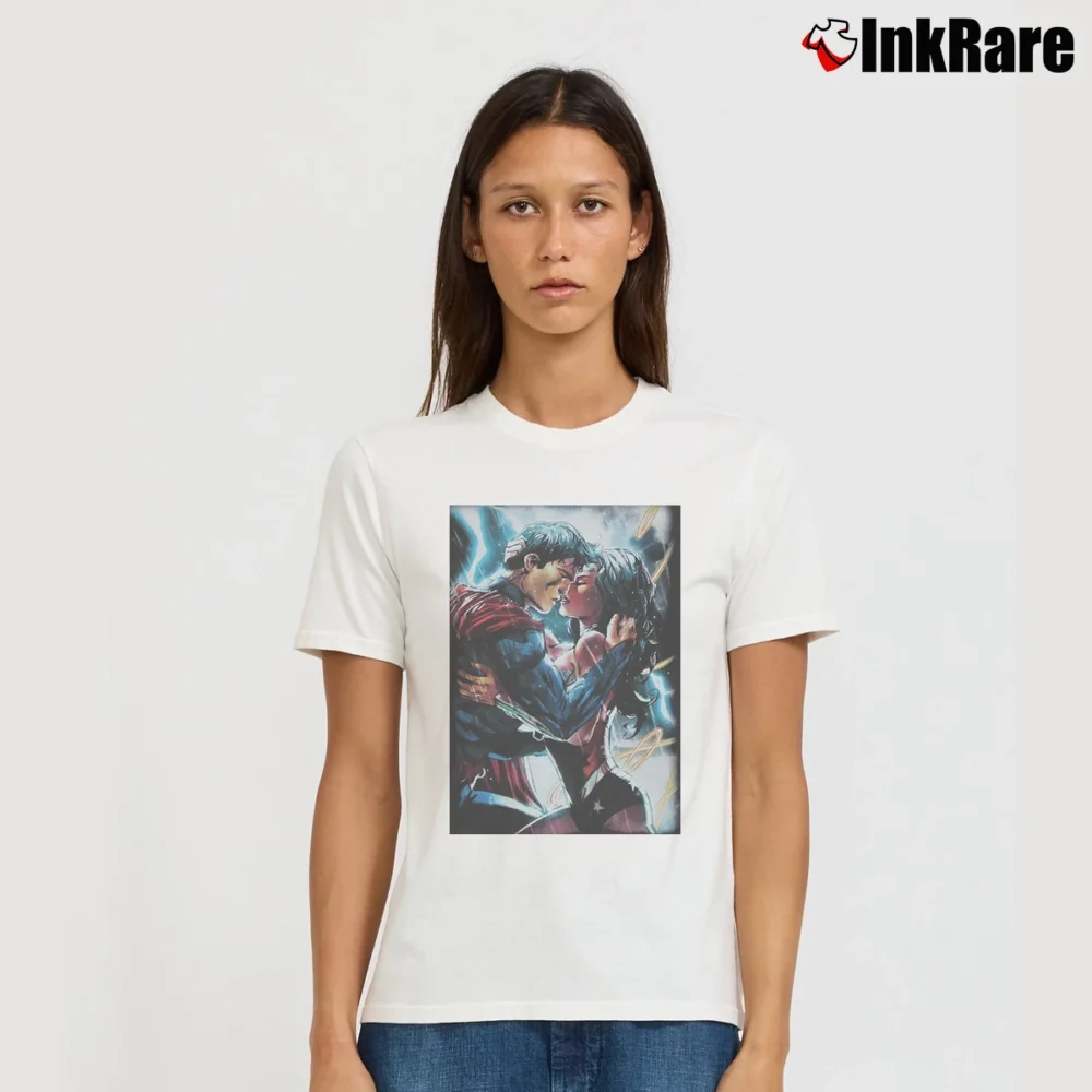Women’s Justice League Wonder Woman Superman Power Kiss Graphic Signature T-Shirt in white | Soft, Flattering Fit