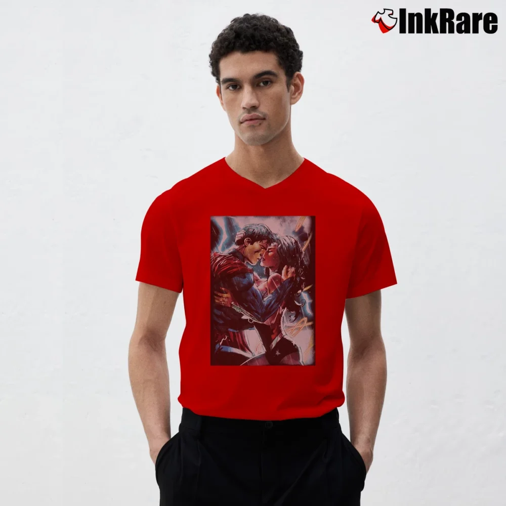 Men’s Justice League Wonder Woman Superman Power Kiss Graphic V-Neck Tee in red | Sharp, Breathable, Everyday Staple