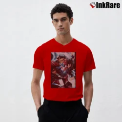 Men’s Justice League Wonder Woman Superman Power Kiss Graphic V-Neck Tee in red | Sharp, Breathable, Everyday Staple