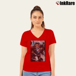 Women’s Justice League Wonder Woman Superman Power Kiss Graphic V-Neck Tee in red | Chic Neckline, Soft Texture