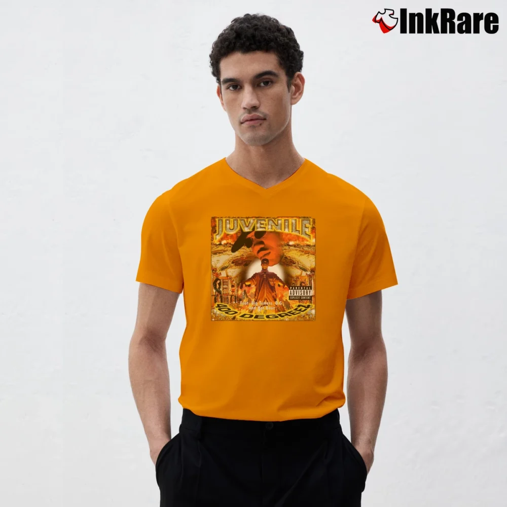 Men’s Juvenile 400 Degreez Rap Album V-Neck Tee in orange | Sharp, Breathable, Everyday Staple
