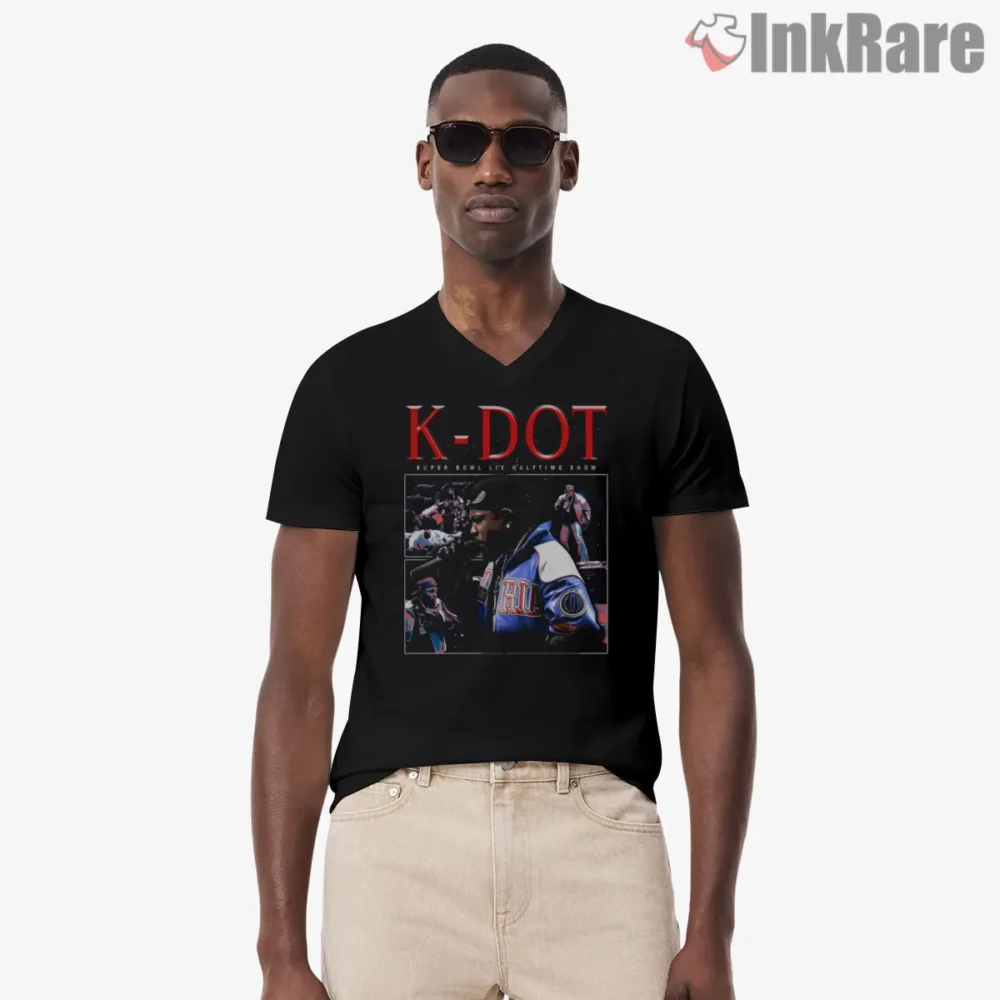 K Dot Super Bowl Stage Moment Shirt on black v-neck shirt for men graphic tee