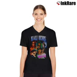 Women’s Kali Uchis Rap Artist Tour Graphic V-Neck Tee in black | Chic Neckline, Soft Texture