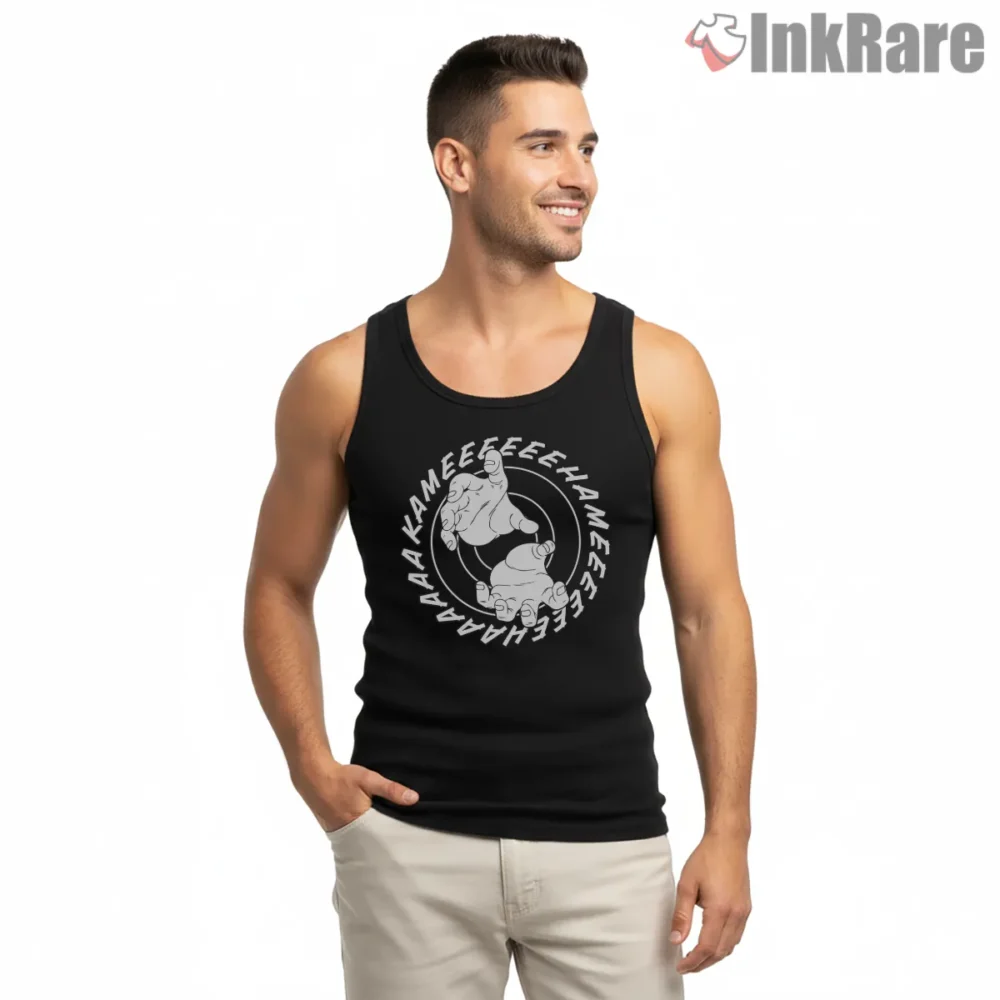Kamehameha Spiral Fist Emblem Shirt on black tank top for men graphic tee