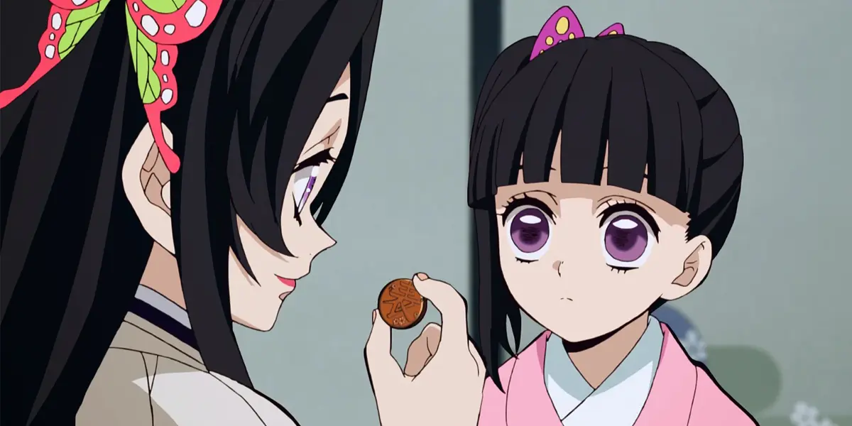 Young Kanao looking at the coin in Kanae Kocho's hand in Demon Slayer