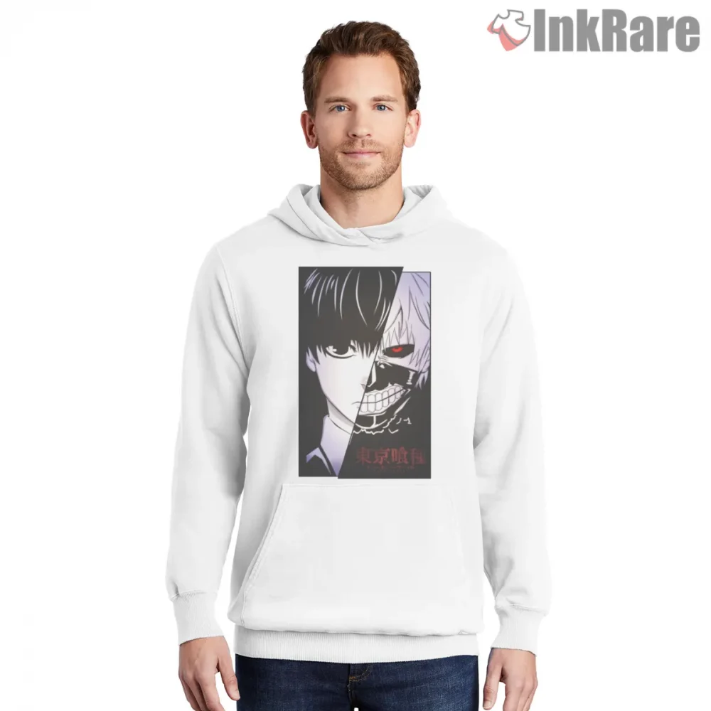 Kaneki Dual Face Minimal Black White Anime Shirt on white hoodie for men graphic tee