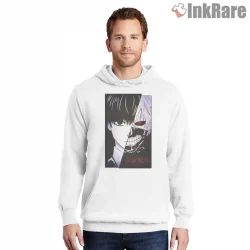 Kaneki Dual Face Minimal Black White Anime Shirt on white hoodie for men graphic tee