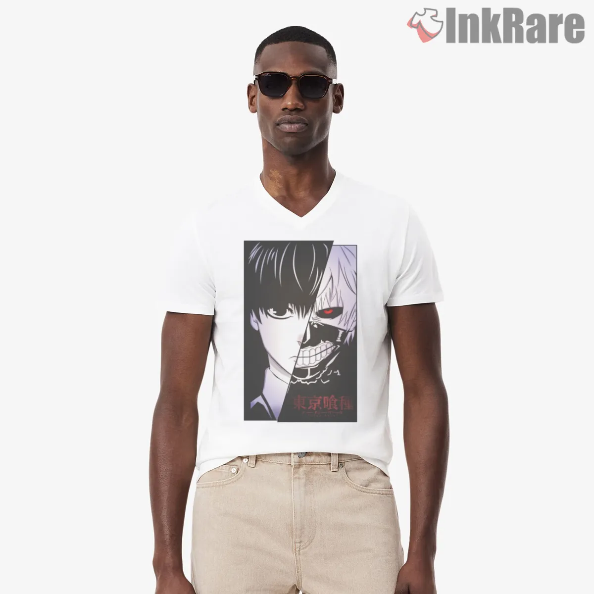 Kaneki Dual Face Minimal Black White Anime Shirt on white v-neck shirt for men graphic tee