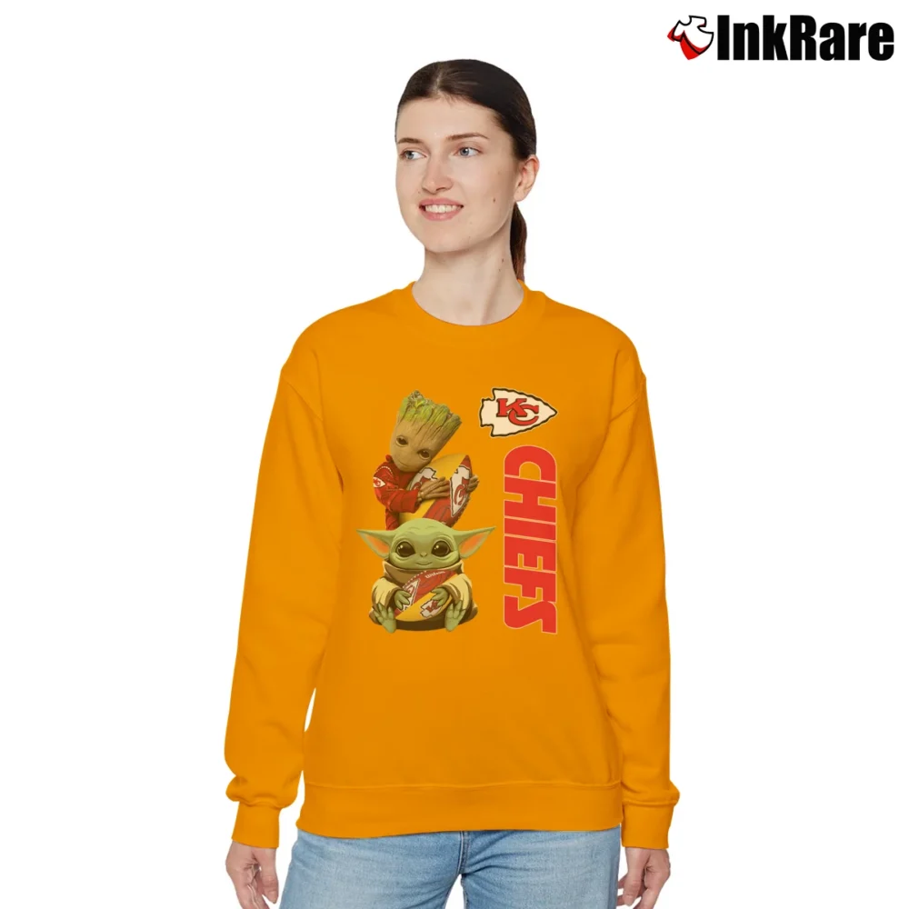 Women’s Kansas City Chiefs Baby Yoda Groot Star Wars Relaxed Sweatshirt in orange | Soft, Laid-Back Vibe