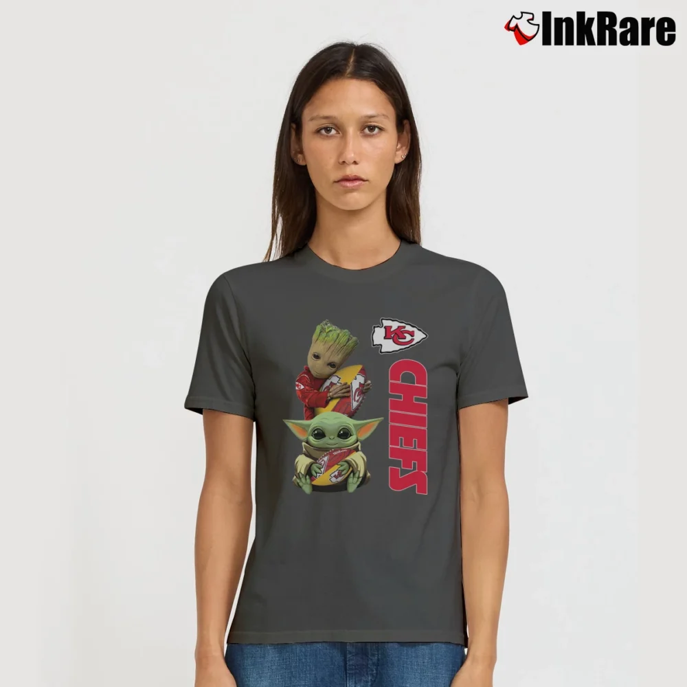 Women’s Kansas City Chiefs Baby Yoda Groot Star Wars Signature T-Shirt in charcoal | Soft, Flattering Fit