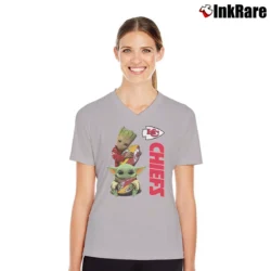 Women’s Kansas City Chiefs Baby Yoda Groot Star Wars V-Neck Tee in sport grey | Chic Neckline, Soft Texture