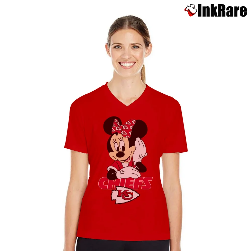 Women’s Kansas City Chiefs Football Mimi Mouse Disney V-Neck Tee in red | Chic Neckline, Soft Texture