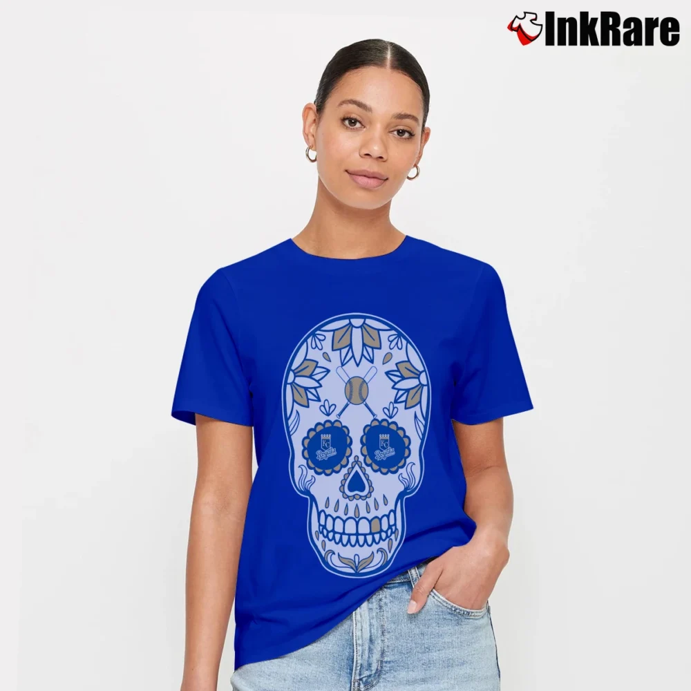 Women’s Kansas City Royals Baseball Sugar Skull Day Of The Dead Signature T-Shirt in royal blue | Soft, Flattering Fit