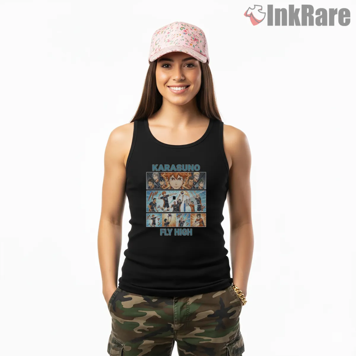 Karasuno Fly High Manga Panel Collage Shirt on black tank top for women graphic tee