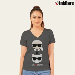Women’s Karl Lagerfeld And Cat Graphic V-Neck Tee in charcoal | Chic Neckline, Soft Texture