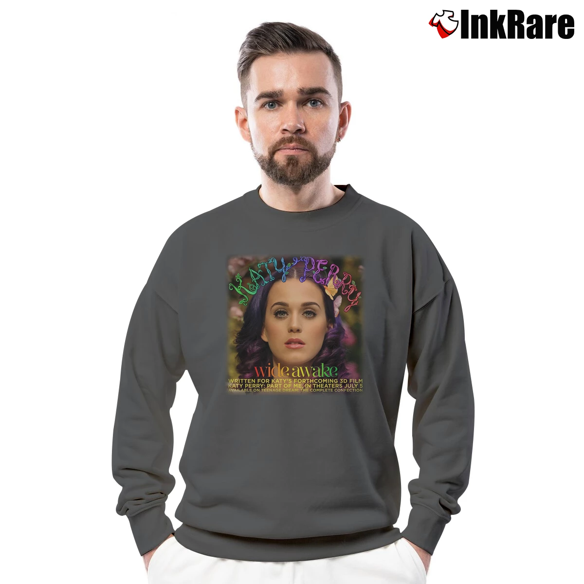 Men’s Katy Perry Wide Awake Crewneck Sweatshirt in charcoal | Cozy Fabric, Clean Style